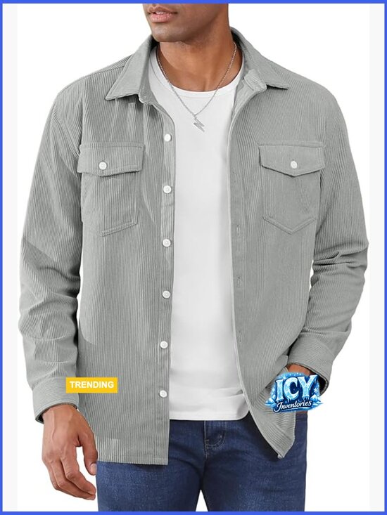 Other - Men's Corduroy Shirt Jacket Button Down Long Sleeve Shacket with Flap Pockets